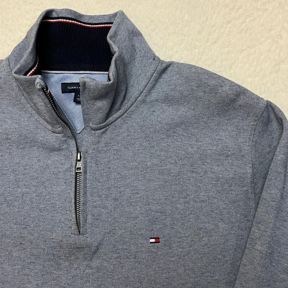 Tommy Hilfiger Pullover Mens L Blue Quarter Zip‎ Mock Neck Logo Sweater 78C6087